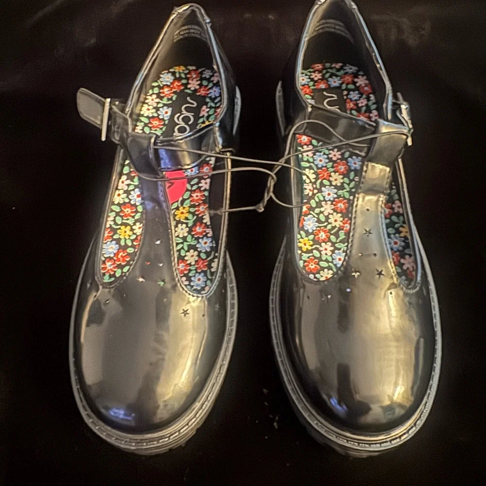 Sugar Black Patent Flats with Floral Insole